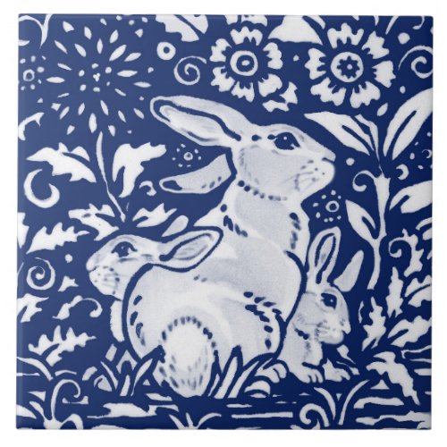 Cobalt Navy Blue Rabbit Bunny Dedham Delft Morris  Ceramic Tile
