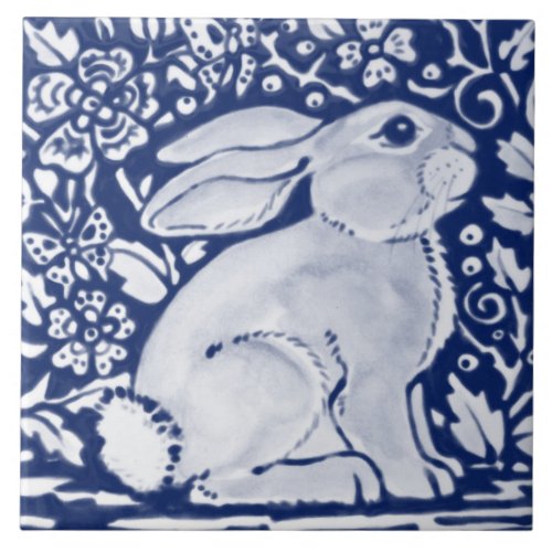 Cobalt Navy Blue Rabbit Chinoiserie Dedham Delft Ceramic Tile
