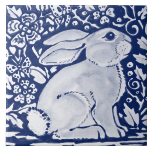 Cobalt Navy Blue Rabbit Chinoiserie Dedham Delft Ceramic Tile (Front)