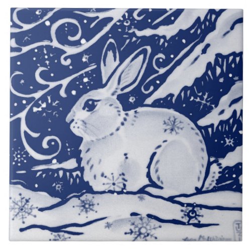Cobalt Navy Blue Rabbit Winter Snow Scene Dedham Ceramic Tile