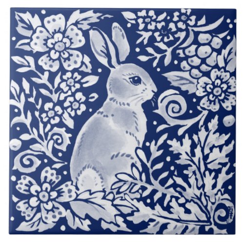 Cobalt Navy Blue Rabbit Woodland Delft Dedham Ceramic Tile