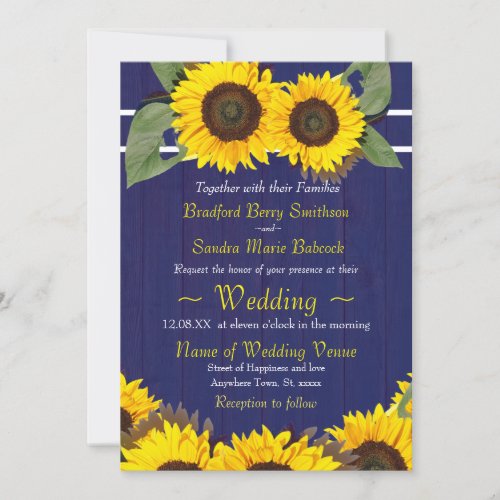 Cobalt Navy Blue Wood Sunflower Rustic Wedding Invitation