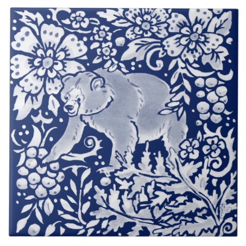 Cobalt Navy Blue Woodland Animal Bear Forest Ceramic Tile