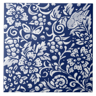 Cobalt Navy Blue Woodland Animal Bird Snail Insect Ceramic Tile