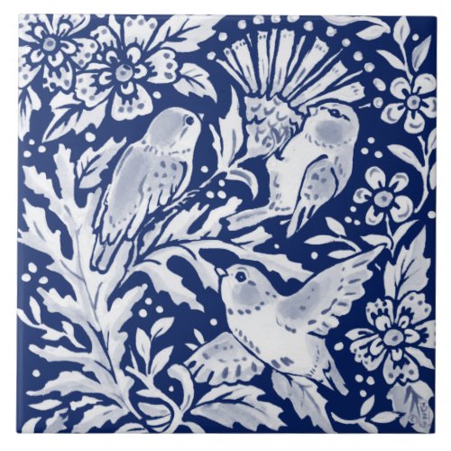 Cobalt Navy Blue Woodland Animal Birds on Thistle  Ceramic Tile