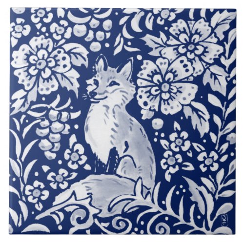 Cobalt Navy Blue Woodland Animal Cute Fox Fern Ceramic Tile