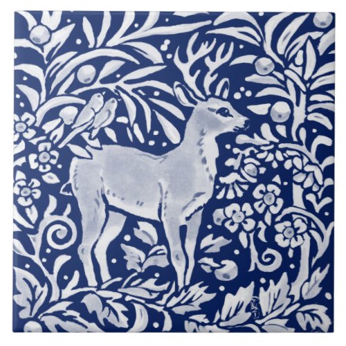 Cobalt Navy Blue Woodland Animal Deer Bird Floral Ceramic Tile