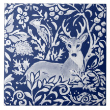 Cobalt Navy Blue Woodland Animal Deer Foliage