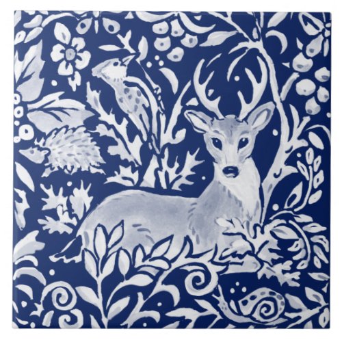 Cobalt Navy Blue Woodland Animal Deer Foliage Ceramic Tile