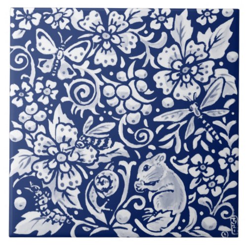 Cobalt Navy Blue Woodland Animal Mouse Bee Insect Ceramic Tile