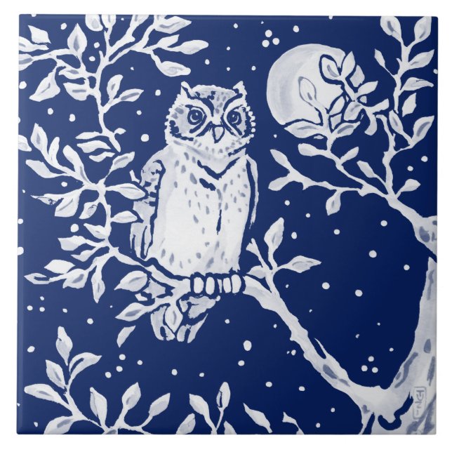 Cobalt Navy Blue Woodland Animal Owl Night Moon Ceramic Tile (Front)