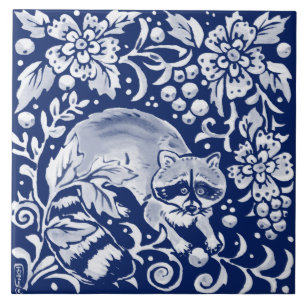 Cobalt Navy Blue Woodland Animal Raccoon Fruit Ceramic Tile