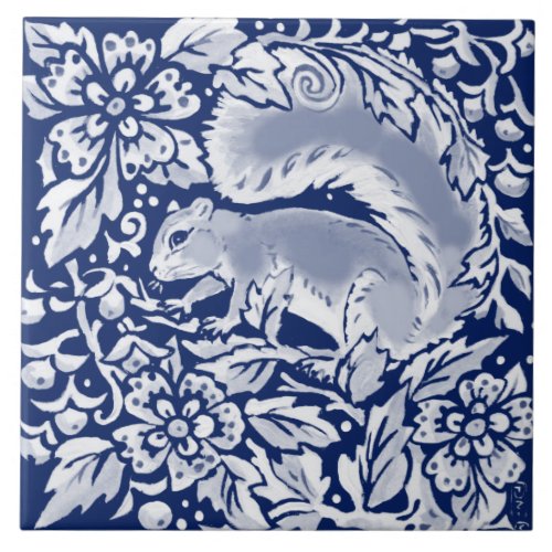 Cobalt Navy Blue Woodland Animal Squirrel in Tree Ceramic Tile