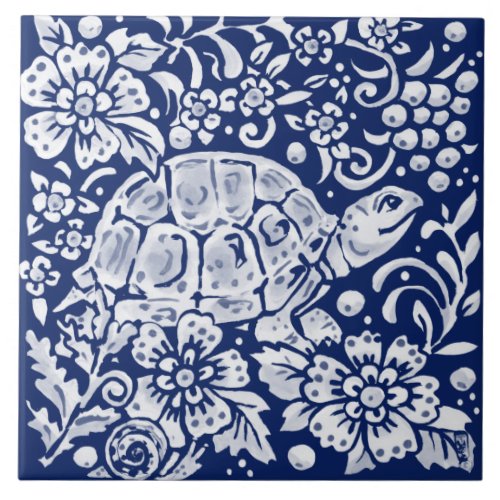 Cobalt Navy Blue Woodland Turtle Snail Floral  Ceramic Tile