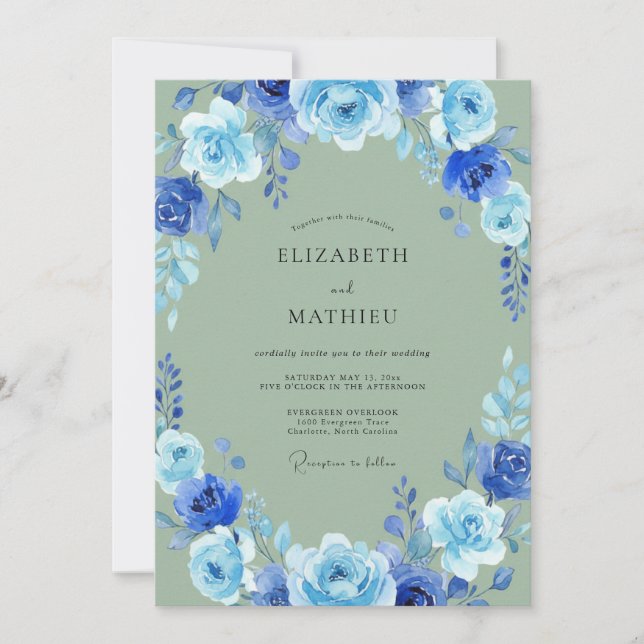 Cobalt Olive Petal Wedding Invitation (Front)