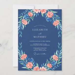 Cobalt Peach Peony Wedding Invitation