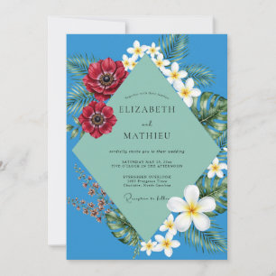 Cobalt Plumeria Tropical Eucalyptus Wedding Invitation