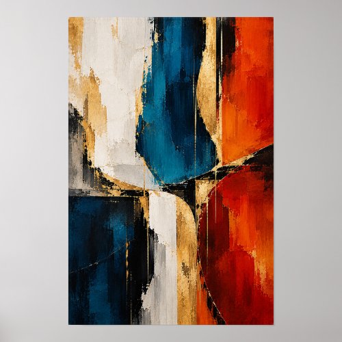 Cobalt Red Gold Geometric Abstract Wall Art