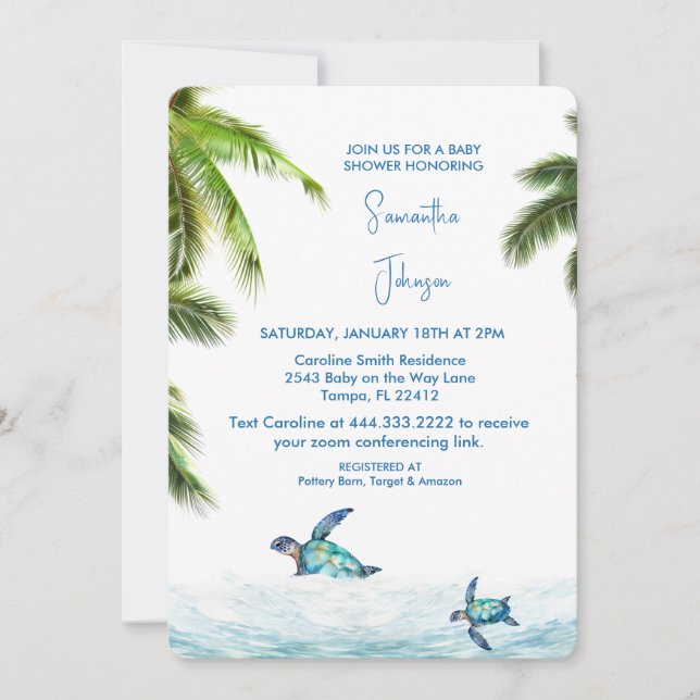 Cobalt Sea Turtle Tropical Baby Shower Invitation (Front)