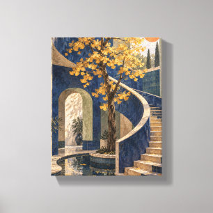 Cobalt Stairwell with Golden Ginkgo Canvas Print