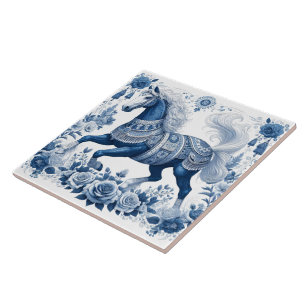 Cobalt Stallion: Botanical Majesty Ceramic Tile