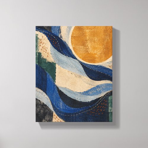 Cobalt Threads around an Ochre Moon - Textile Abst Canvas Print