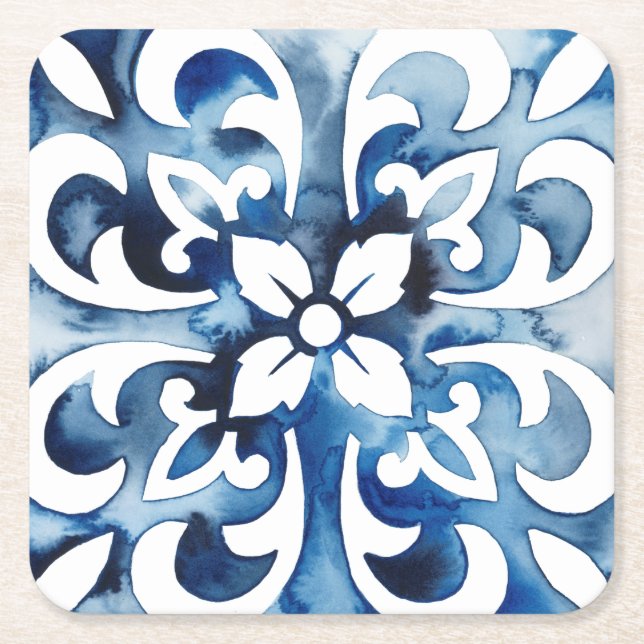Cobalt Tile II Square Paper Coaster (Front)