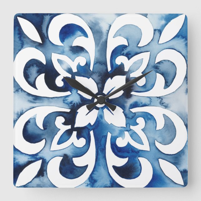 Cobalt Tile II Square Wall Clock (Front)