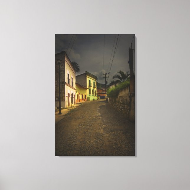 Cobblestone Road & Yellow Buildings in Mexico Canvas Print (Front)