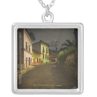 Cobblestone Road & Yellow Buildings in Mexico Silver Plated Necklace