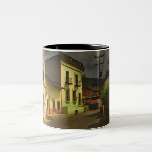 Cobblestone Road  Yellow Buildings in Mexico Two_Tone Coffee Mug