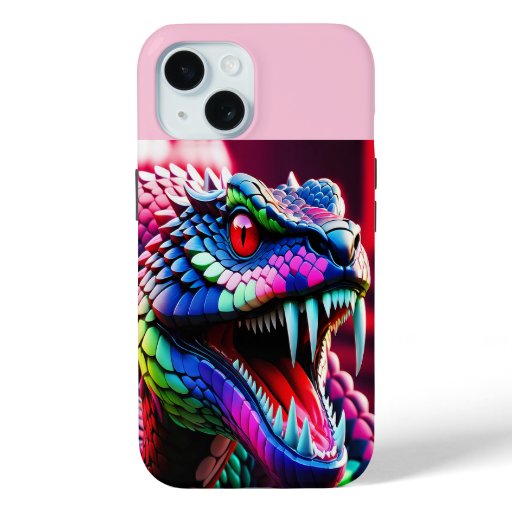 Cobra snake has vibrant green and pink blue scales iPhone 15 case