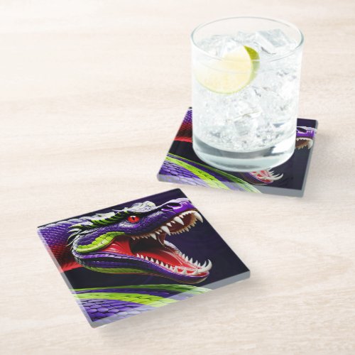 Cobra snake with vibrant green and purple scales glass coaster