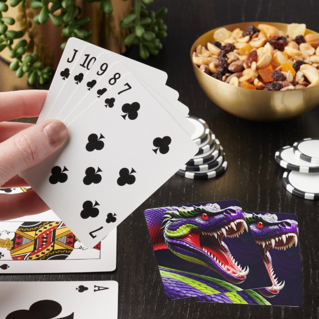 Cobra snake with vibrant green and purple scales poker cards (In Situ)