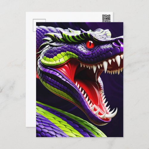 Cobra snake with vibrant green and purple scales postcard