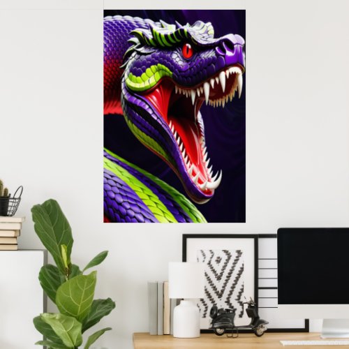 Cobra snake with vibrant green and purple scales poster
