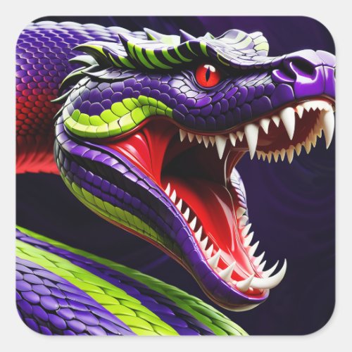 Cobra snake with vibrant green and purple scales square sticker