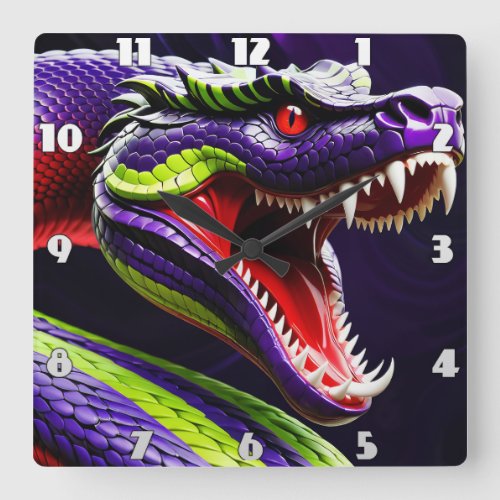 Cobra snake with vibrant green and purple scales square wall clock