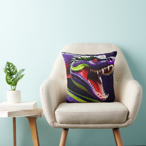 Cobra snake with vibrant green and purple scales throw pillow