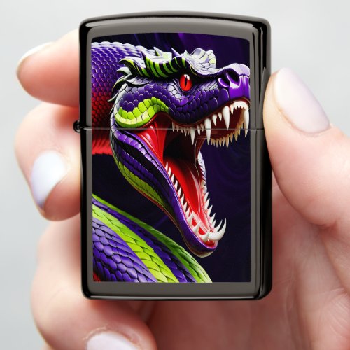 Cobra snake with vibrant green and purple scales zippo lighter