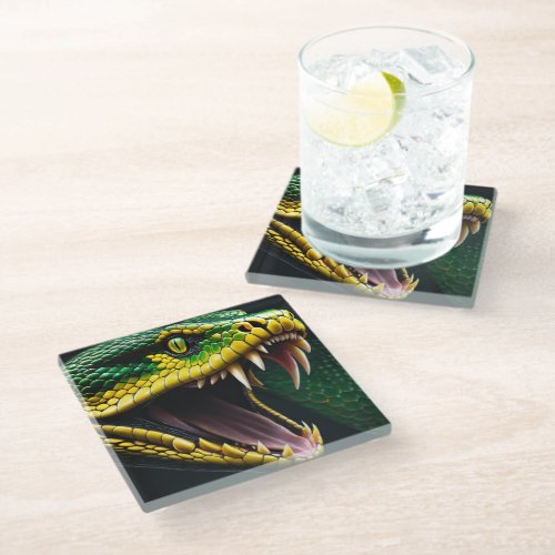 Cobra snake with vibrant green and yellow scales  glass coaster