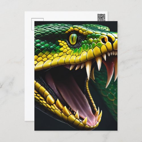 Cobra snake with vibrant green and yellow scales  postcard