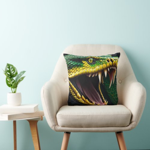 Cobra snake with vibrant green and yellow scales  throw pillow
