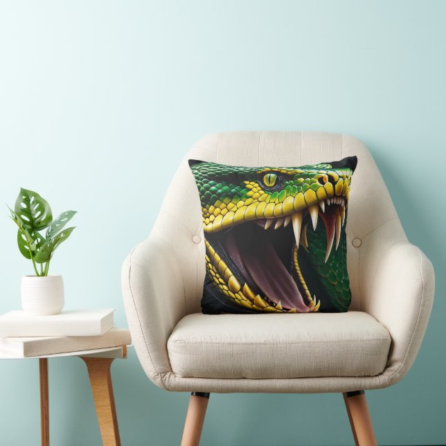 Cobra snake with vibrant green and yellow scales  throw pillow (Chair)