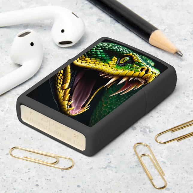 Cobra snake with vibrant green and yellow scales  zippo lighter (On Table 2)