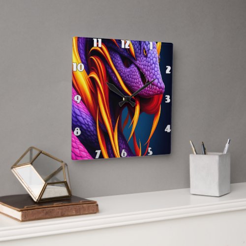 Cobra snake with vibrant orange and purple scales square wall clock