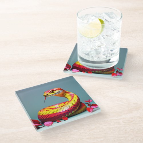 Cobra snake with vibrant red and yellow scales  glass coaster