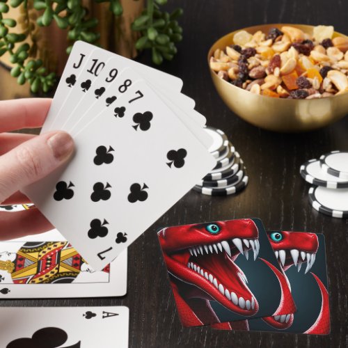 Cobra snake with vibrant red scales and blue eyes playing cards