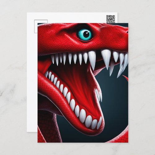 Cobra snake with vibrant red scales and blue eyes postcard