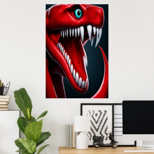 Cobra snake with vibrant red scales and blue eyes poster